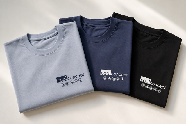 Drei gefaltete T-Shirts mit bedrucktem Firmenlogo